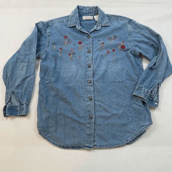 Casey & Max Floral Embroidered Chambray Vintage Button Down Size M - Picture 1 of 3